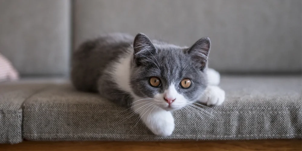 A picture of a grey and white kitten staring into the camera