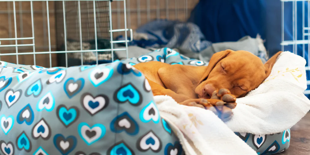 A picture of a Vizsla puppy asleep in its bed