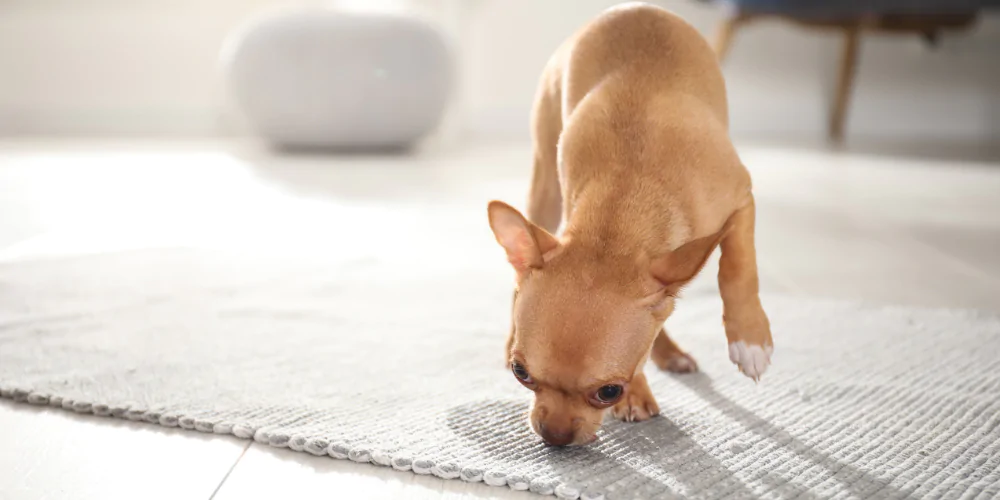 A picture of a Chihuahua puppy sniffing a toilet accident on a rug