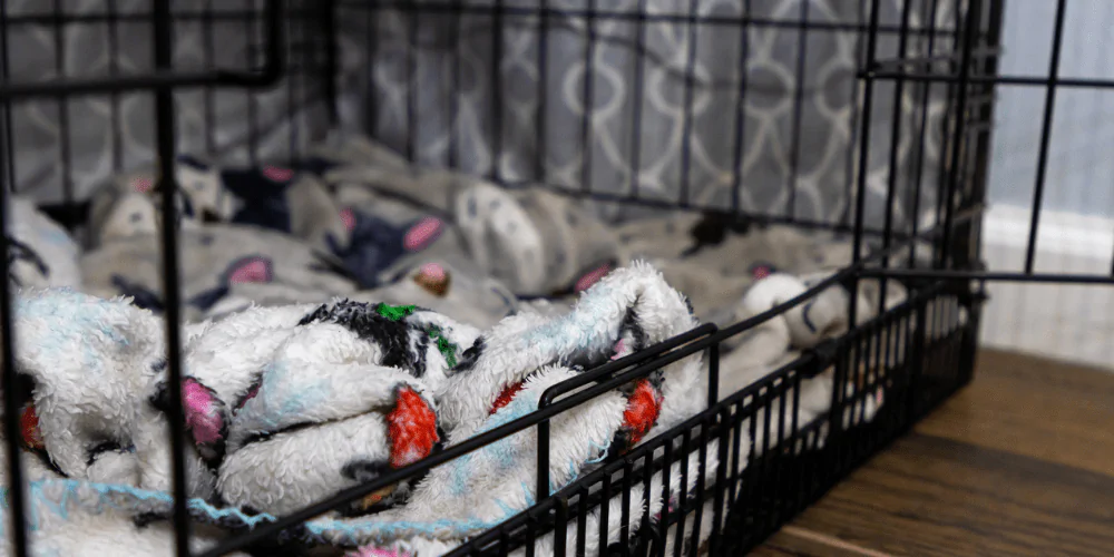 A picture of a covered dog crate lined with a blanket