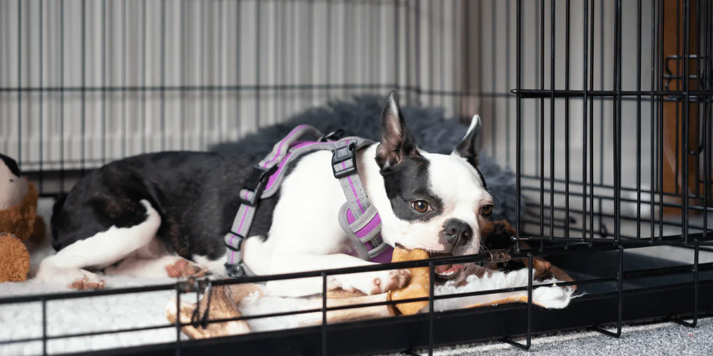A picture of a Boston Terrier chewing a bone in its crate