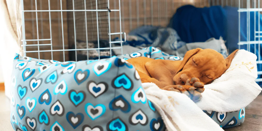 A picture of a Hungarian Vizsla puppy sleeping next to its crate